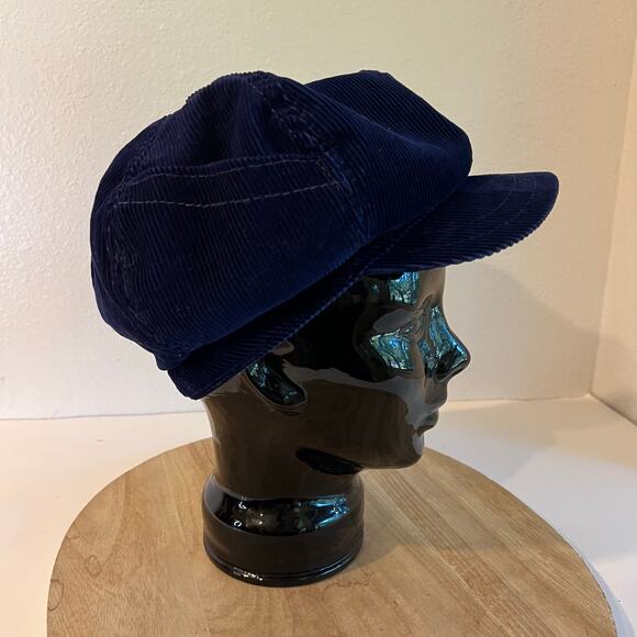 Vintage 1970s Blue 100% Cotton Corduroy Newsboy Slouchy Zipper Hat One Size - Picture 3 of 12